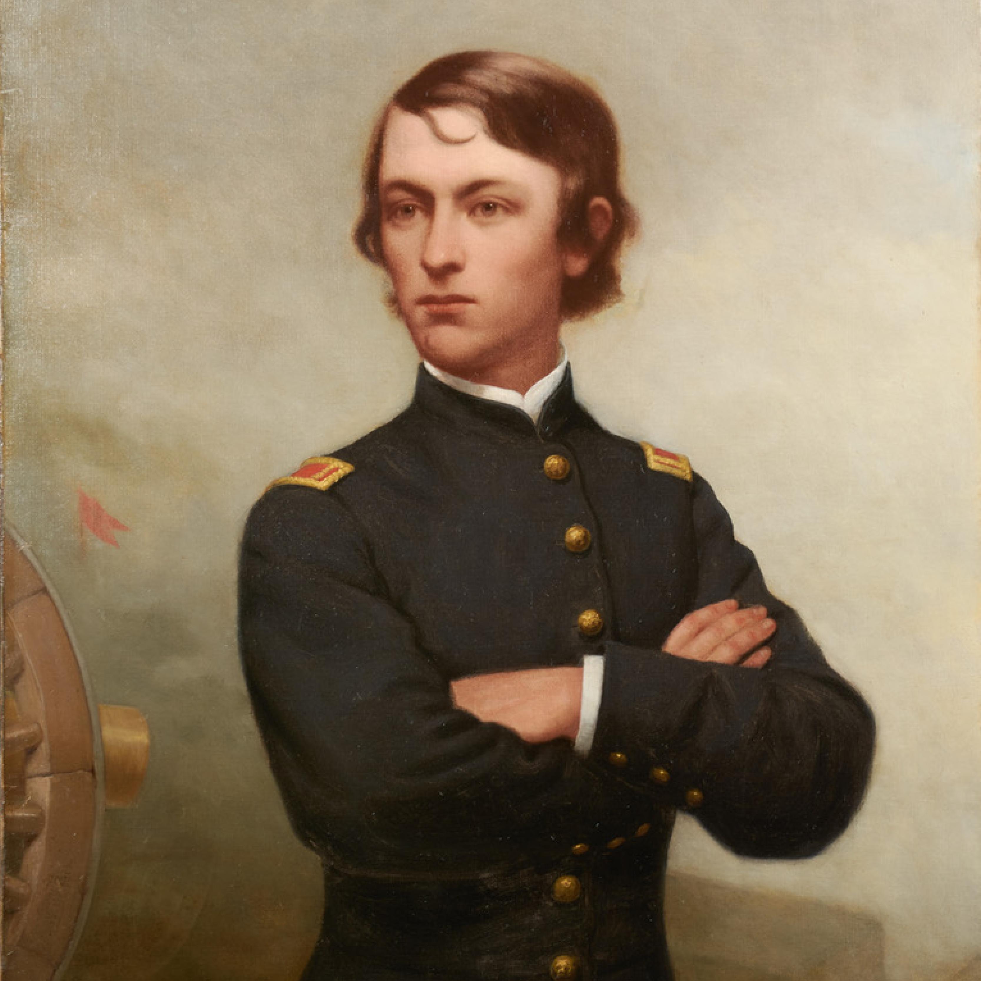 A portrait painting shows a three-quarter view of young soldier with arms crossed in Civil War-era attire